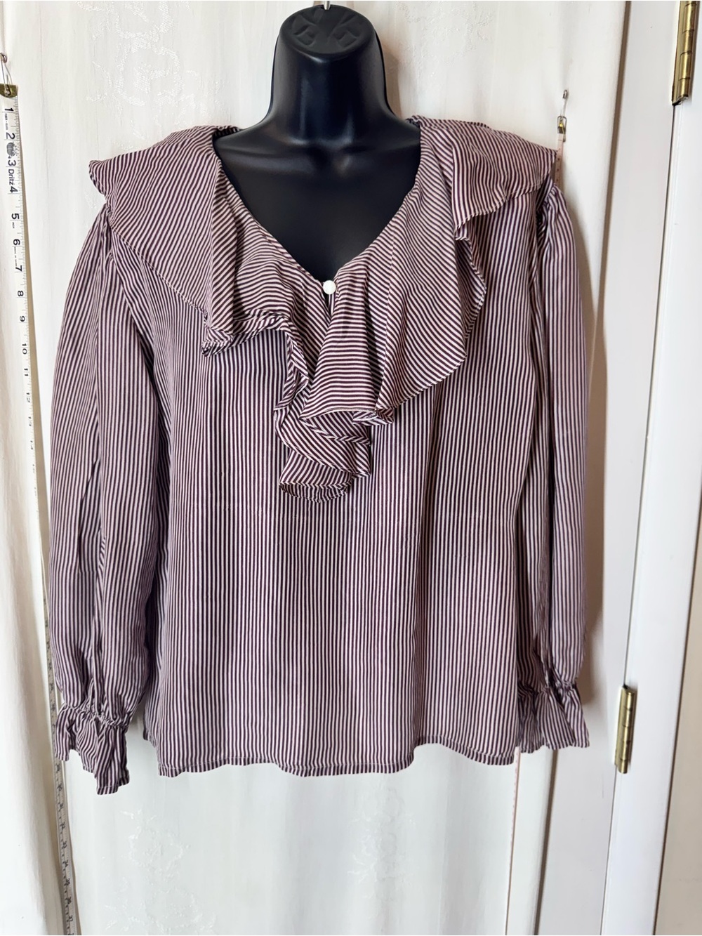 Vintage Cocoon Striped Ruffled Collar Blouse